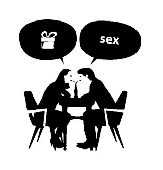 a man and a woman are sitting at a table with speech bubbles saying sex
