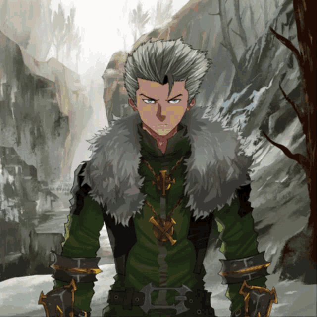 a man with gray hair and a fur collar is standing in the snow