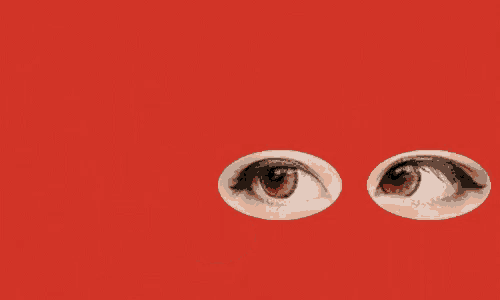 a pair of eyes on a red background that look like they are looking at something