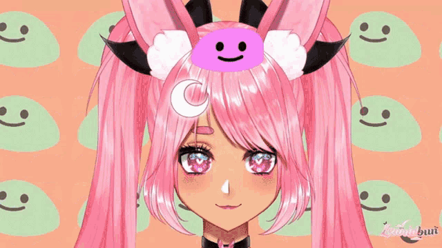 a girl with pink hair and a smiley face on her head is surrounded by smiley faces