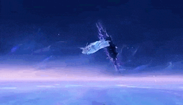 a person is flying through the air in a blue and purple background .
