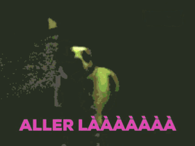 a pixelated image of a dog with the words aller laaaaaa written in pink