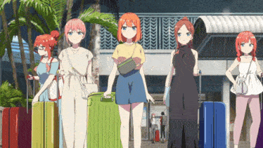 a group of anime girls standing next to each other with suitcases