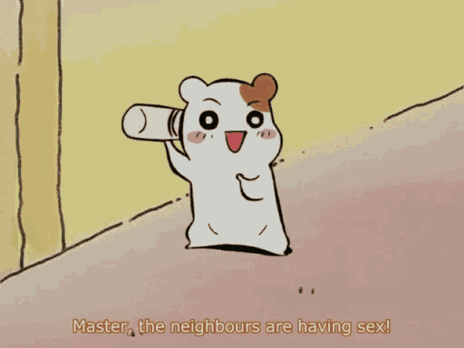 a cartoon of a hamster holding a bottle with the caption master the neighbours are having sex