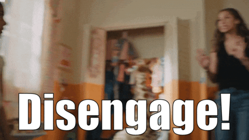 a sign that says disengage in front of a closet full of clothes