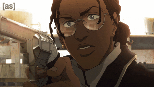 a cartoon of a man holding a gun with the letters [ as ] on the bottom