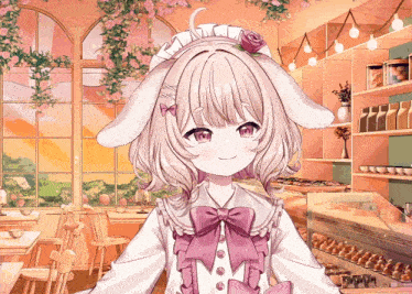 a girl with bunny ears and a pink bow is standing in front of a window