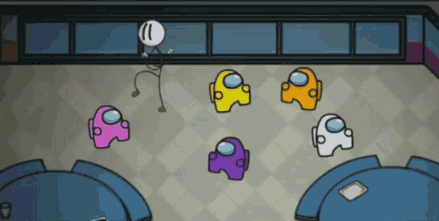 a cartoon of a man standing next to a bunch of colorful among us characters