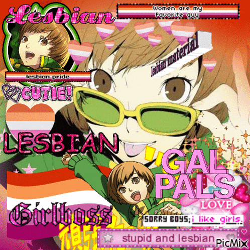 a picture of a girl with sunglasses and the words lesbian gal pals