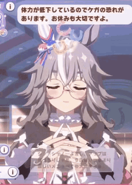 a girl with glasses and a bow on her head is talking in a foreign language