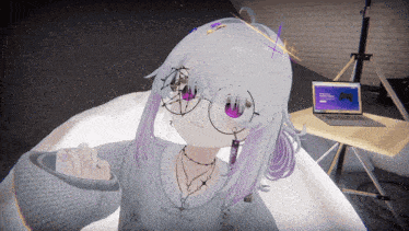 a girl with purple hair and glasses is wearing a sweater with the word muse on the front