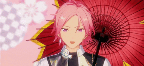 a girl with pink hair is holding a red umbrella .