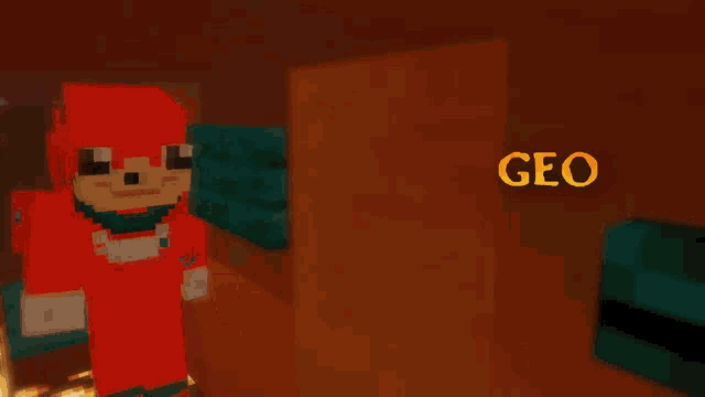 a cartoon character is standing in front of a wall that says geo on it