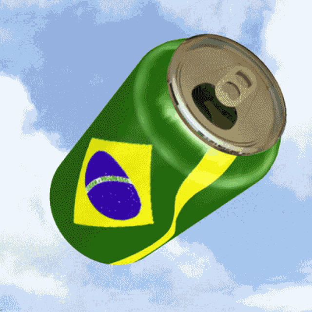 a green can with a yellow and blue flag on it is flying through the air