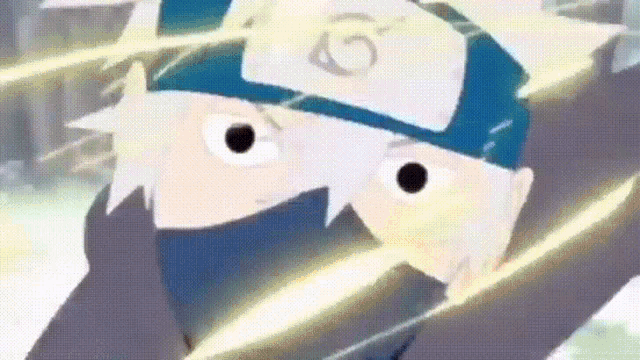 a close up of a cartoon character 's face with a blue hat and a mask .