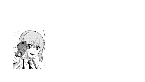 a black and white drawing of a girl pointing a gun at someone .