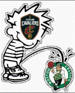 a cartoon drawing of a kid with a cleveland cavaliers logo and a boston celtics logo