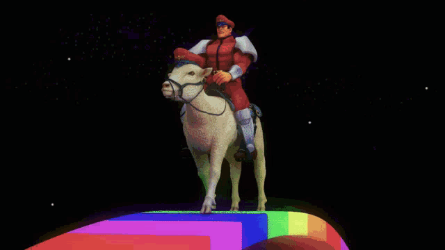 a man is riding a cow on a rainbow colored ramp