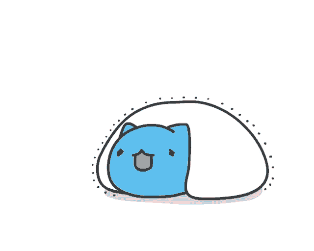 a cartoon of a blue cat laying under a white blanket with its mouth open