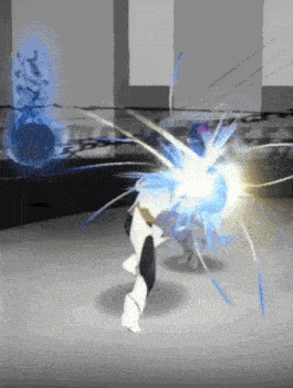 a person in a white and black outfit is being hit by a lightning bolt