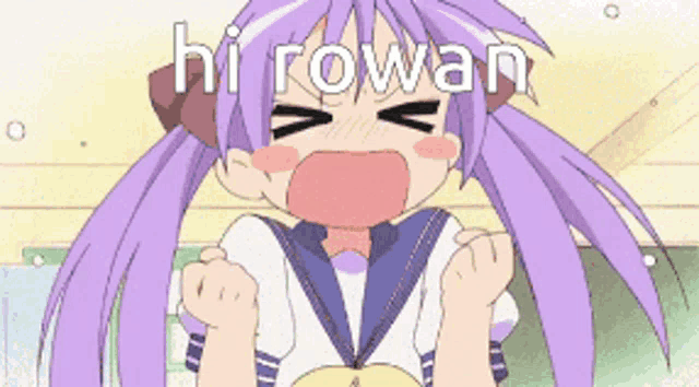 a cartoon girl with purple hair and the name hirowan written above her