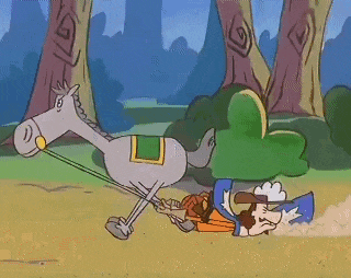 a cartoon of a man being pulled by a white horse