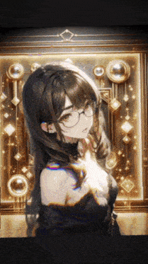 a girl with glasses and a black dress is standing in front of a gold wall