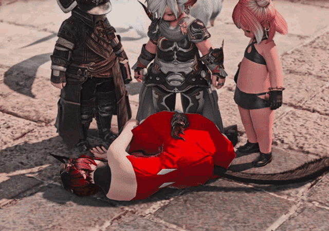 a man in a red shirt is laying on the ground surrounded by other characters