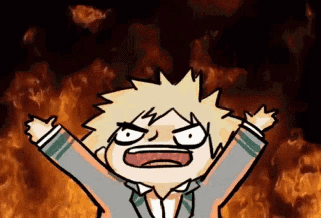 a cartoon of a person with their arms outstretched in front of a fire background .