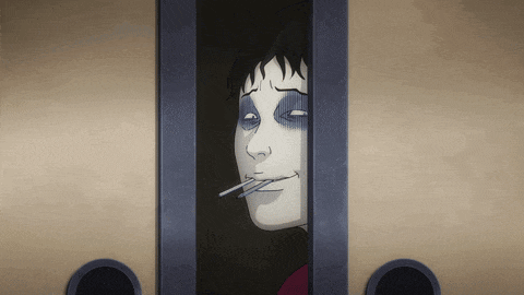 a cartoon character with a cigarette in his mouth looks out of a doorway