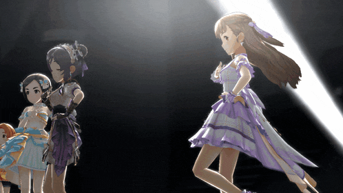 a girl in a purple dress is standing next to a girl in a white dress