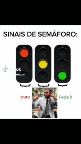 a man in a suit and tie is standing in front of three traffic lights with the words sinais de semaforo written above them