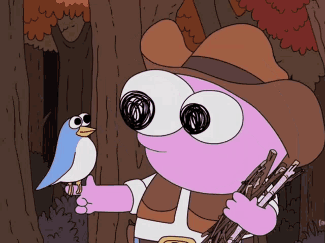 a cartoon character is holding a stick and a blue bird