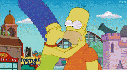 homer simpson and marjorie simpson kiss in front of a sign that says $ 8 a slice