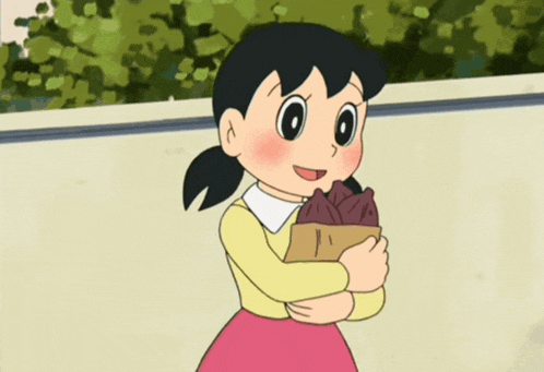 a cartoon girl is holding a bag of potatoes in her hands