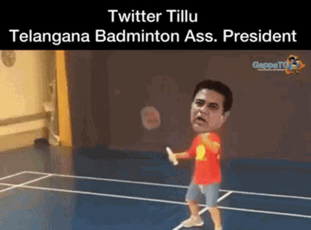 a cartoon of a man playing badminton with a caption that says twitter tillu telangana badminton ass president