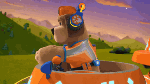 a cartoon dog wearing a hat and headphones is driving a vehicle
