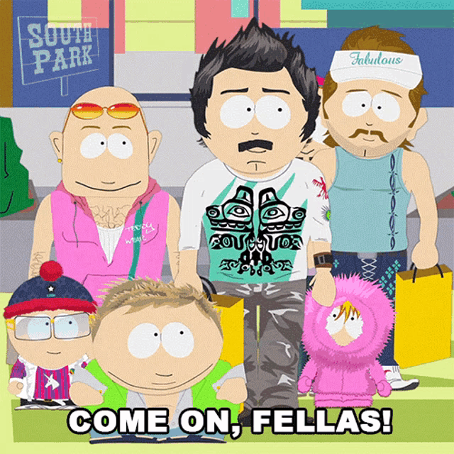 a group of south park characters standing in front of a sign that reads south park