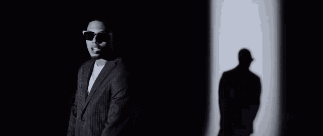 a black and white photo of a man wearing sunglasses and a striped suit