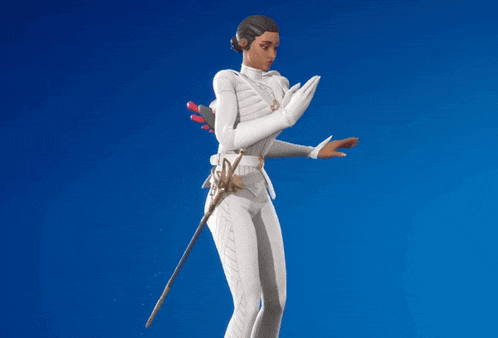 a woman in a white suit with a sword is holding a red kiss in her hand