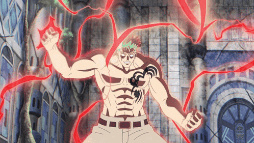 a drawing of a man with a tattoo on his chest that says ' fairy tail '