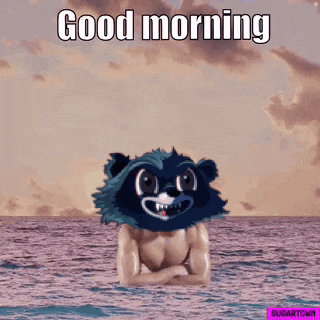 a raccoon is swimming in the ocean with the words `` good morning '' written on it .