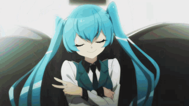 a girl with blue hair is smiling and pointing at herself