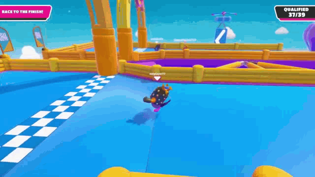 a video game character is walking down a checkered track .