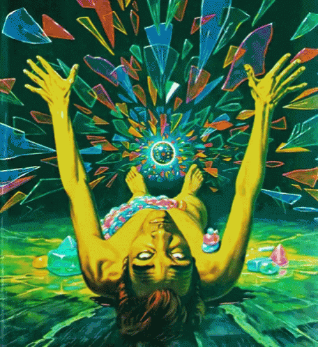 a psychedelic painting of a woman laying on her back with her arms outstretched