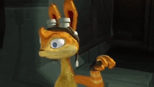 a cartoon fox wearing a hat and goggles stands in a dark room