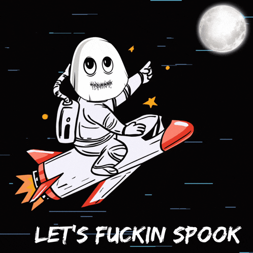 a ghost is flying on a rocket with the words let 's fuckin spook below it