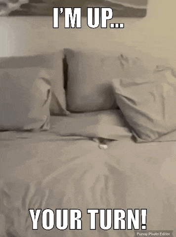a picture of a bed with a caption that says `` i 'm up ... your turn '' .