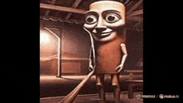 a cartoon character is standing in a dark room holding a broom and wearing a wooden costume .