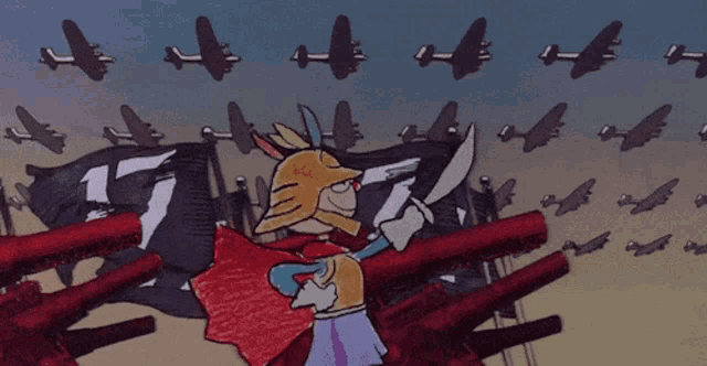 a cartoon drawing of a man holding a sword in front of a military parade